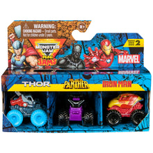 Load image into Gallery viewer, Monster Jam Marvel Mini Monster Truck 3-Pack (Thor, Black Panther, Iron Man)