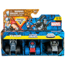 Load image into Gallery viewer, Monster Jam Marvel Mini Truck 3-Pack (Captain America, War Machine, Winter Soldier)