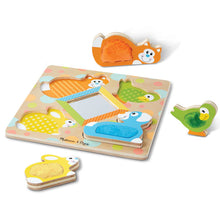 Load image into Gallery viewer, First Play Wooden Touch and Feel Puzzle Peek-a-Boo Pets With Mirror