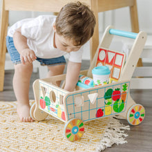 Load image into Gallery viewer, Wooden Shape Sorting Grocery Cart Push Toy