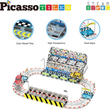 Load image into Gallery viewer, PicassoTiles Magnet Tile Race Car Track Construction Toy Blocks with 2 Trucks
