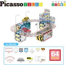 Load image into Gallery viewer, PicassoTiles Magnet Tile Race Car Track Construction Toy Blocks with 2 Trucks
