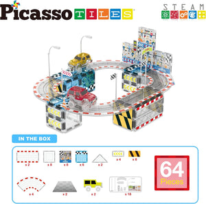 PicassoTiles Magnet Tile Race Car Track Construction Toy Blocks with 2 Trucks