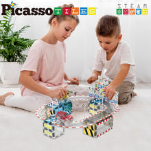 Load image into Gallery viewer, PicassoTiles Magnet Tile Race Car Track Construction Toy Blocks with 2 Trucks
