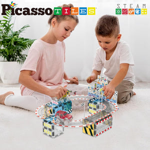 PicassoTiles Magnet Tile Race Car Track Construction Toy Blocks with 2 Trucks