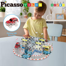 Load image into Gallery viewer, PicassoTiles Magnet Tile Race Car Track Construction Toy Blocks with 2 Trucks
