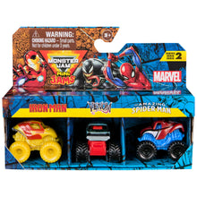 Load image into Gallery viewer, Monster Jam Marvel Mini Scale Monster Truck 3-Pack (Spider-Man, Venom, Iron Man)
