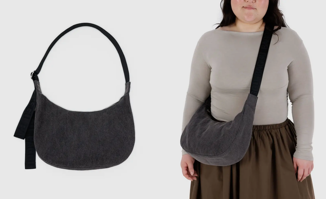 Baggu Medium Denim Crescent Bag - Washed Black Denim