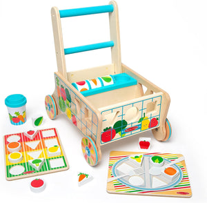 Wooden Shape Sorting Grocery Cart Push Toy